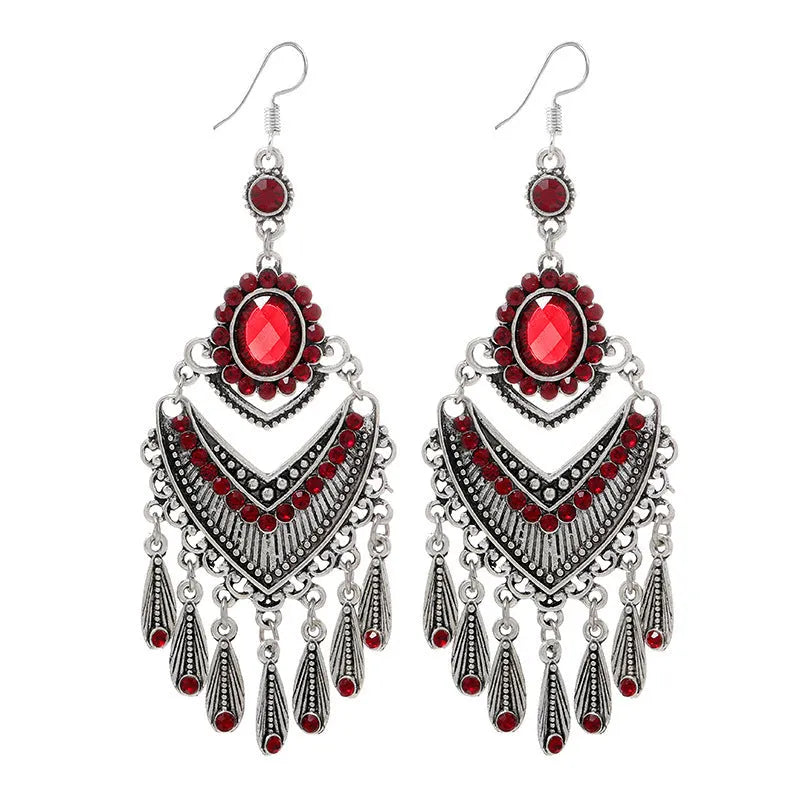 Long purple fringe drop earrings with retro crystal ethnic style design and alloy construction