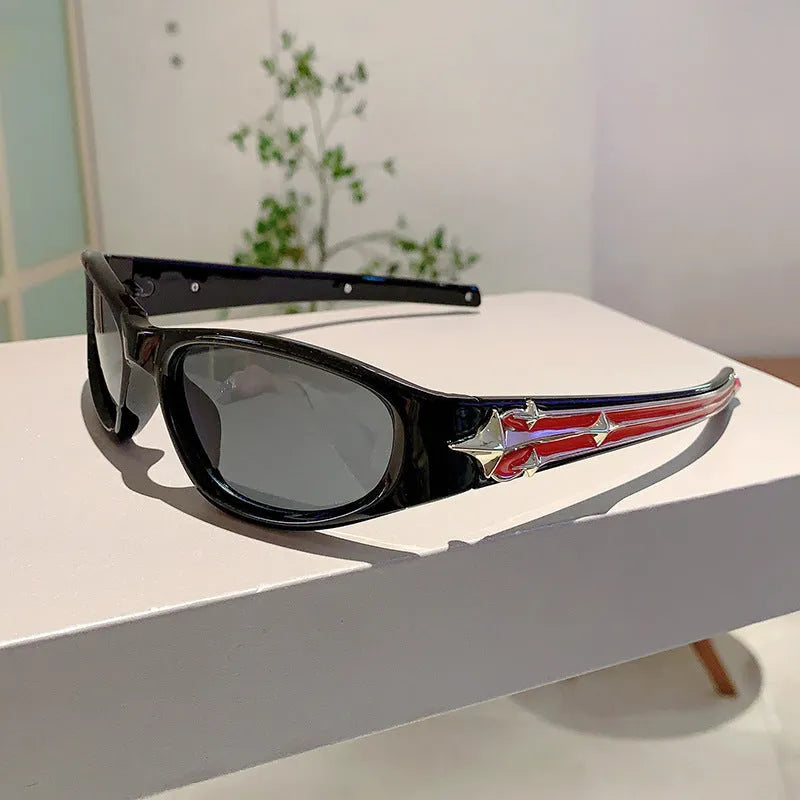 Outdoor sports sunglasses with PC frame in black with blue lens, windproof design for active wear