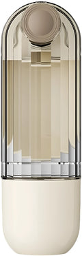 Beige foldable dog water bottle with food dispenser base, shown with dimensions.