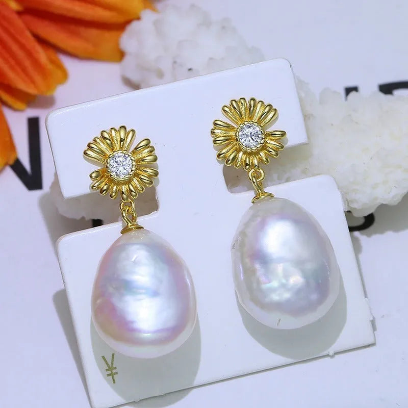 Baroque sterling silver S925 earrings with attached ring holder in gold or silver finish.