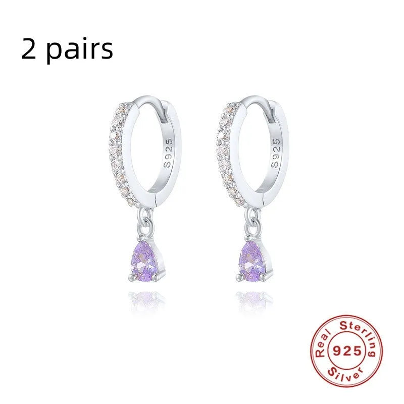 S925 sterling silver geometric water drop earrings with electroplated finish and gemstone accents