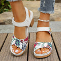 White women's high heel sandals with a Velcro strap buckle and rubber sole.