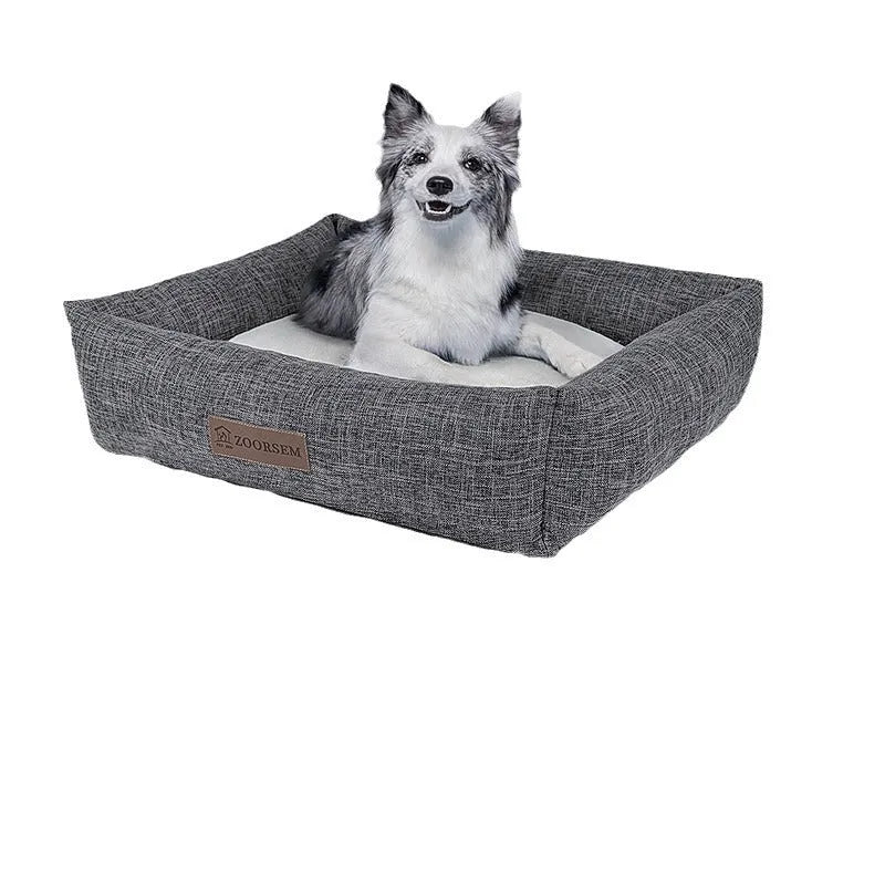 Grey linen square dog bed for small to extra large dogs, also available in brown and plaid colours.