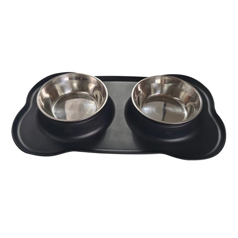 Large double pet bowl with stainless steel inner and silicone outer in black, blue, pink, silver gray or sky blue