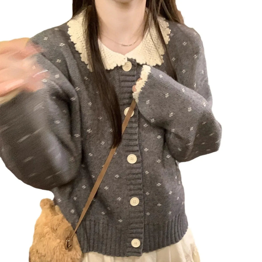 Retro Peter Pan collar floral patterned knitted cardigan coat in navy blue colour