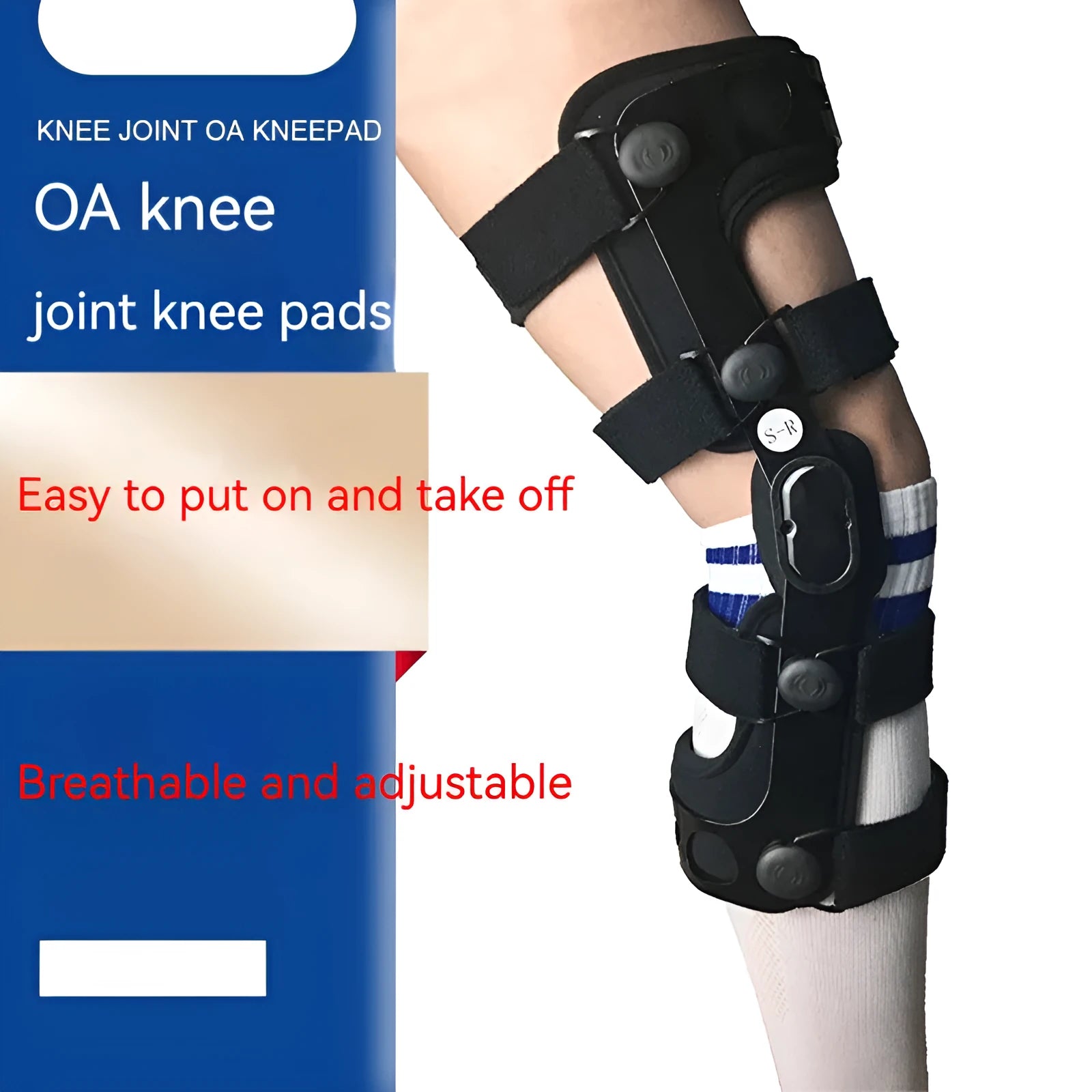 Black anterior ligament knee supporter brace showing left and right specific sizing options