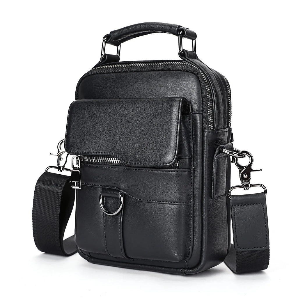 Black genuine first layer cowhide leather messenger bag measuring 19x8x24cm with slung strap