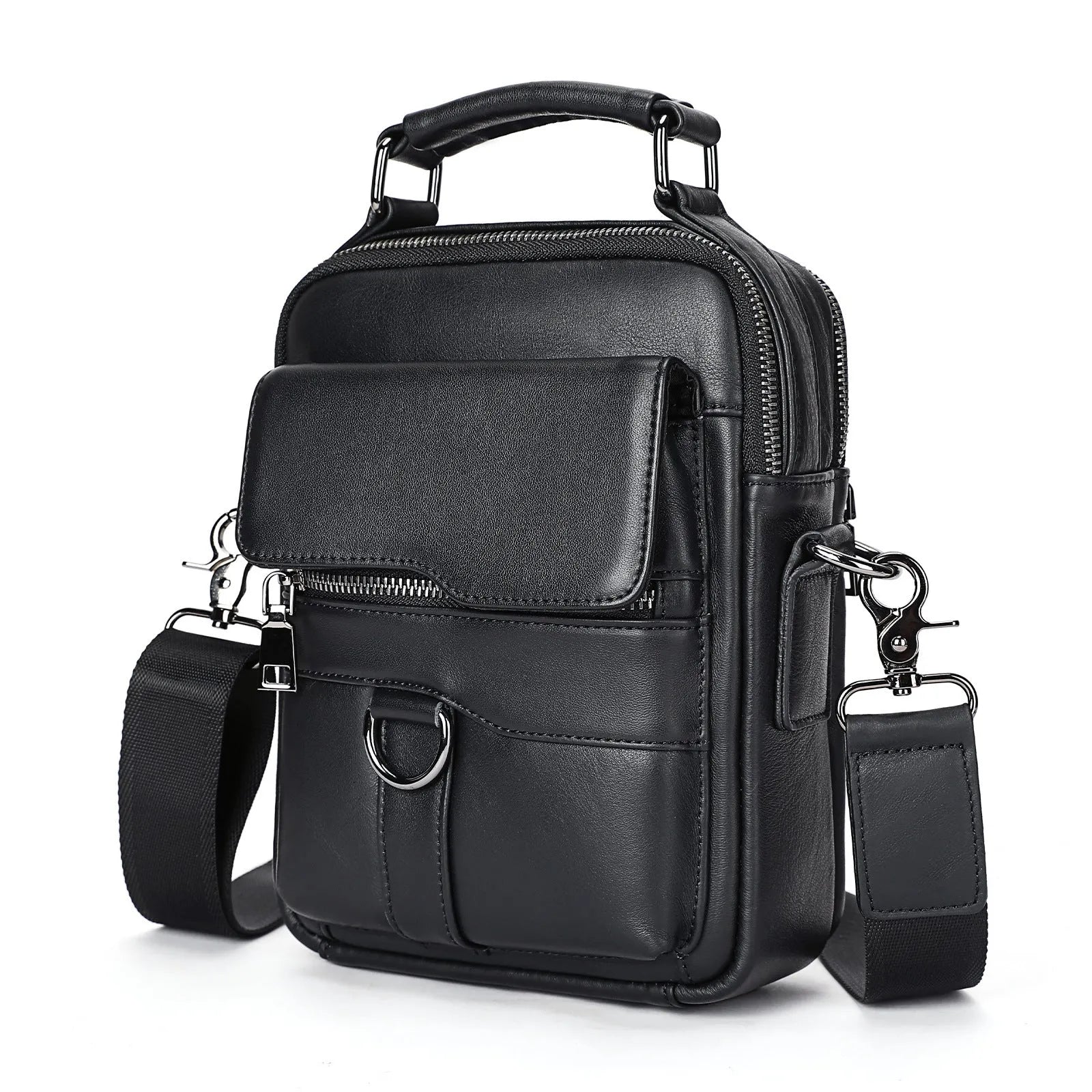 Black genuine first layer cowhide leather messenger bag measuring 19x8x24cm with slung strap