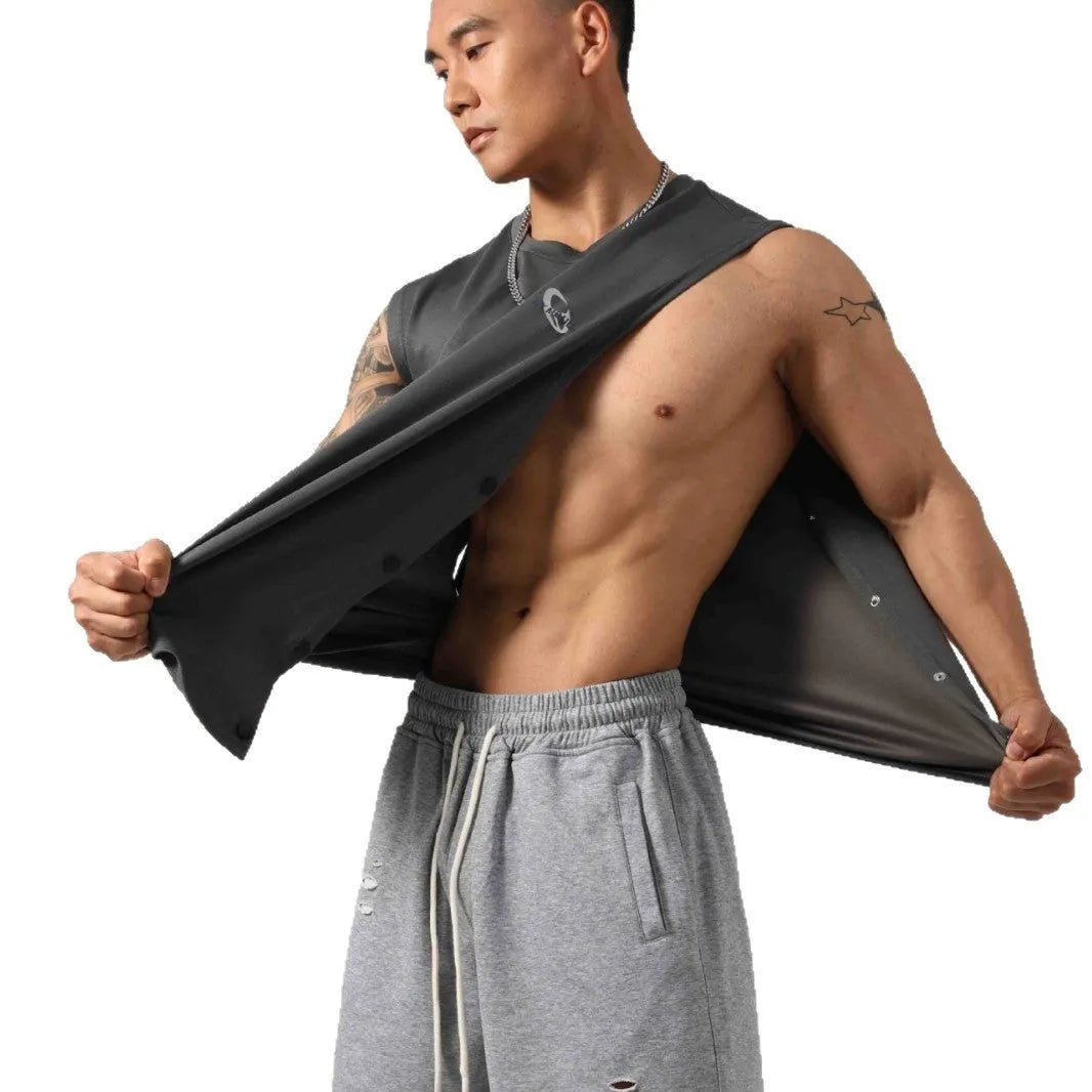 Men's black Korean style loose cotton fitness vest showing side hidden hook closure.