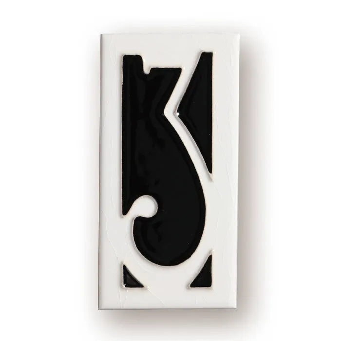 Handmade ceramic retro door number plate with blue enamel art, showing the number 5.