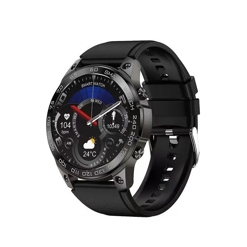 Black smartwatch with round AMOLED screen and silicone strap, displaying fitness metrics.