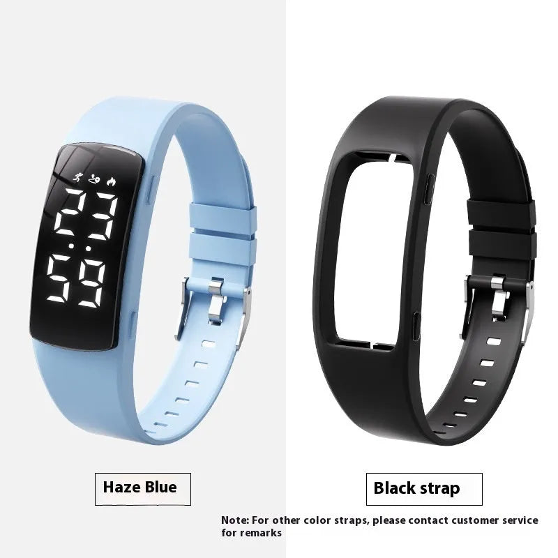 Vibration alarm clock watch with LED display on silicone strap showing multiple colour options
