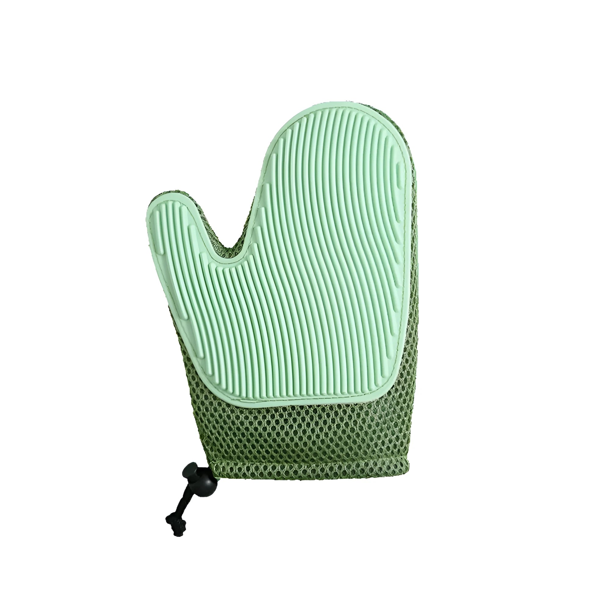 Right-handed mesh pet grooming glove for removing hair from cats and dogs on a dark blue background.