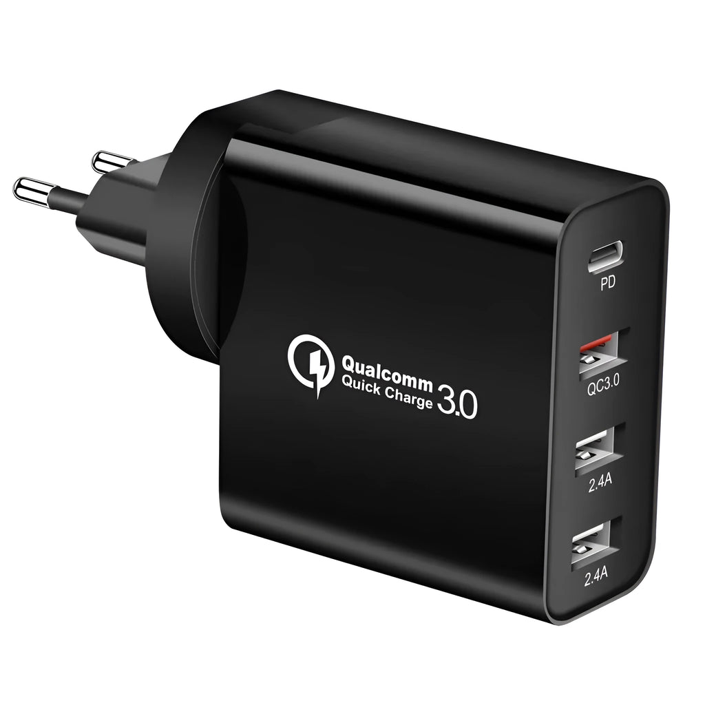 White multi-port fast charger with PD and QC support showing multiple USB ports.