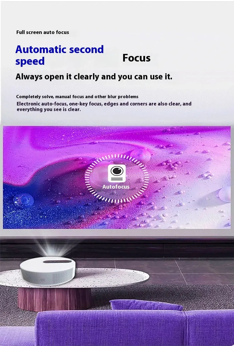 White HD home theatre projector with remote control on a table