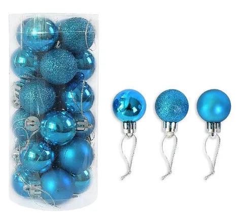 Assorted 3cm diameter electroplated plastic Christmas balls stored in a tall plastic barrel