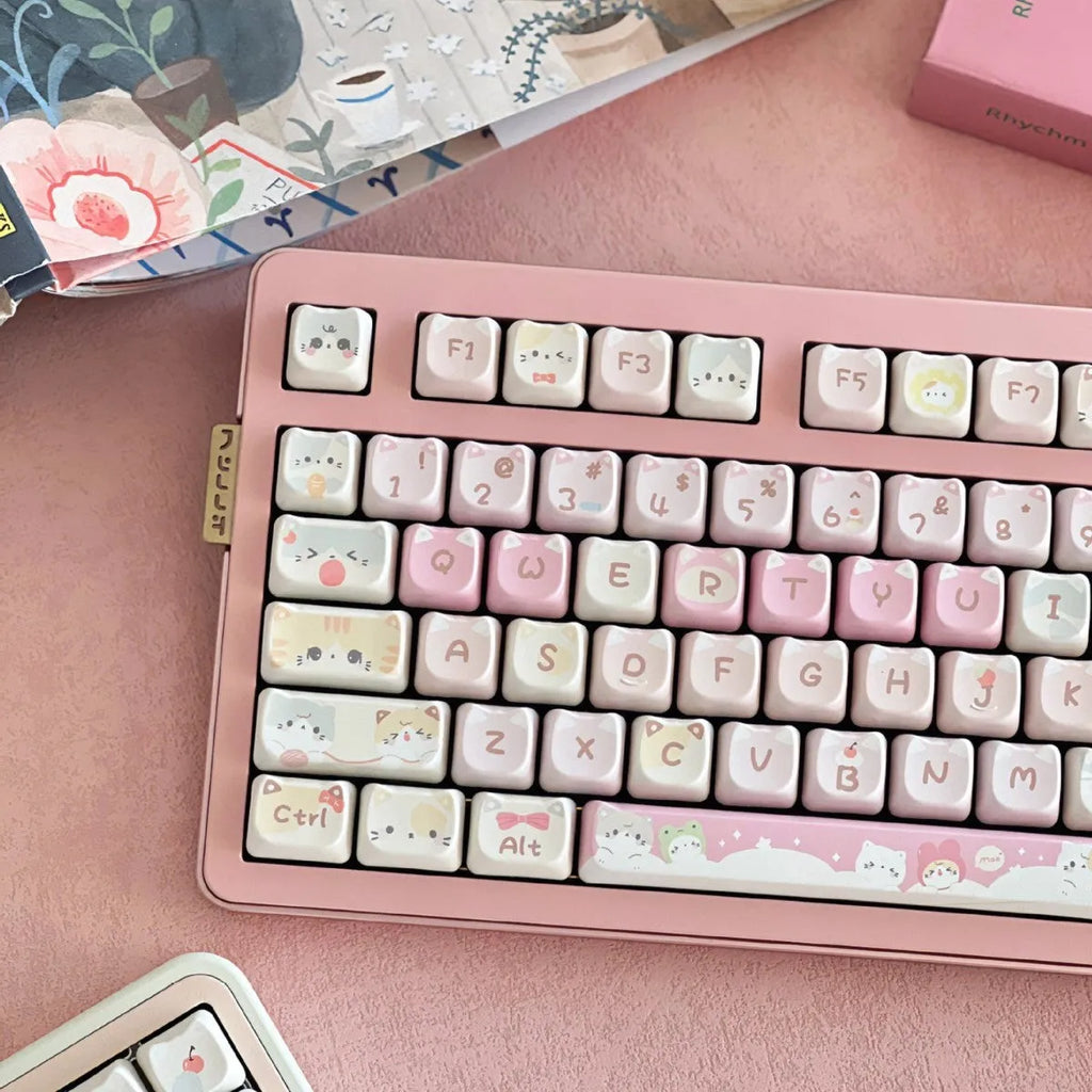 Meow Meow Team tall five-sided dye-sublimation 141-piece mechanical keyboard keycap set laid out.