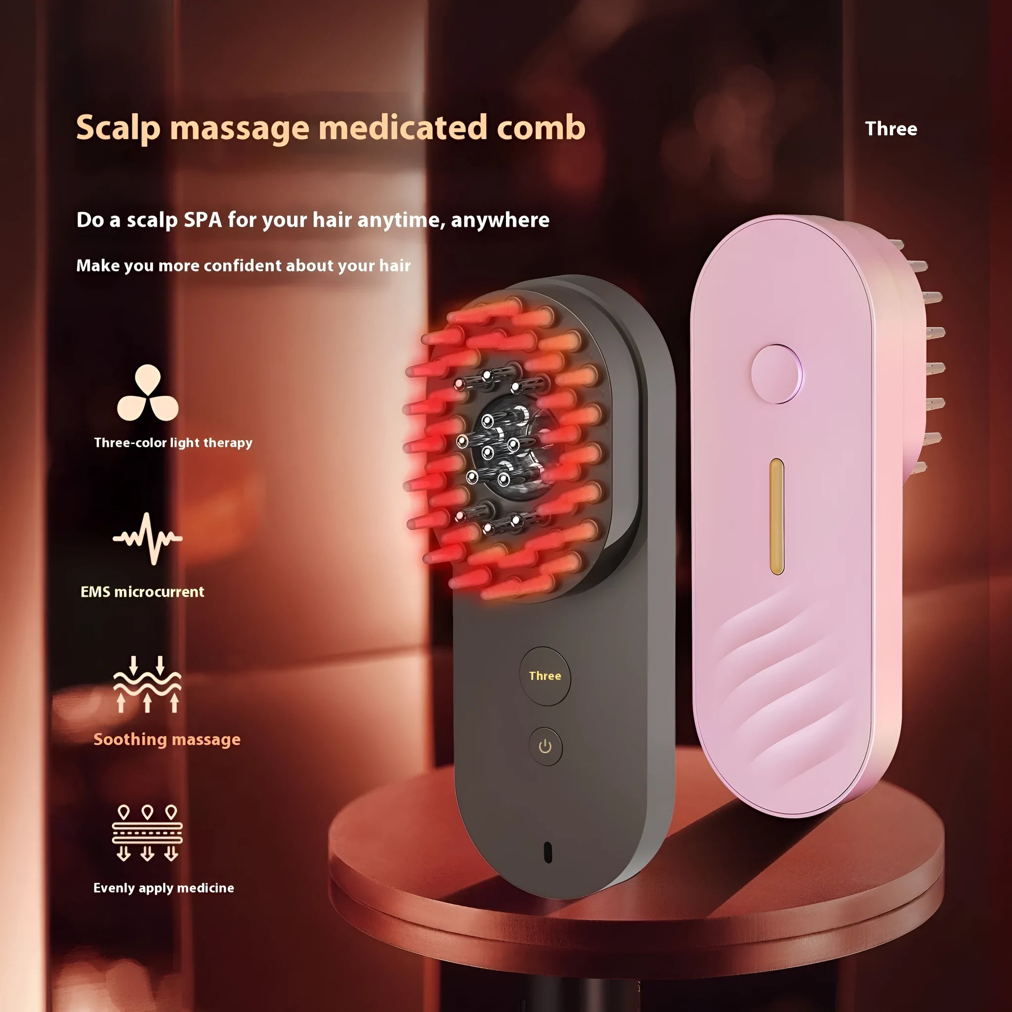 Smart massage comb with red light therapy function in pink colour option showing compact size