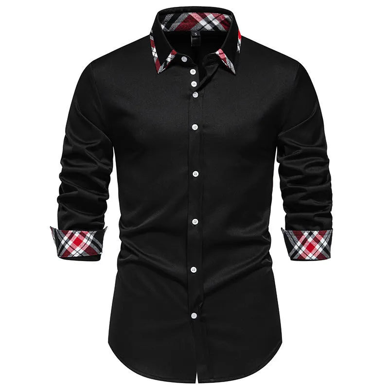 Men's casual blue plaid long sleeve shirt with a triangle collar, laid flat