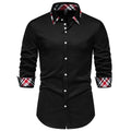 Men's casual blue plaid long sleeve shirt with a triangle collar, laid flat