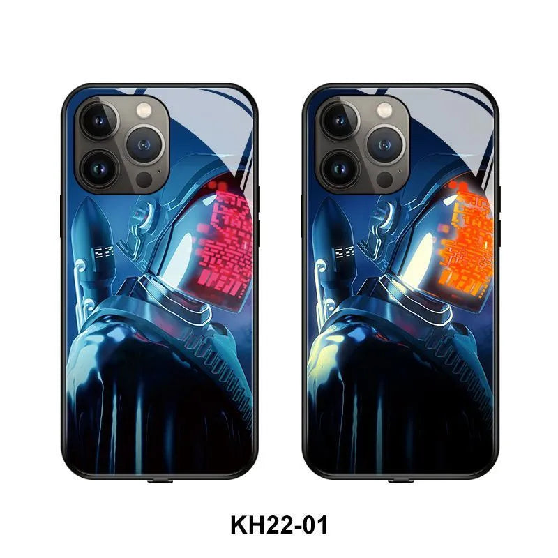 Smart luminous TPU and tempered glass protective case for iPhone models, showing one of the graphic design variants.