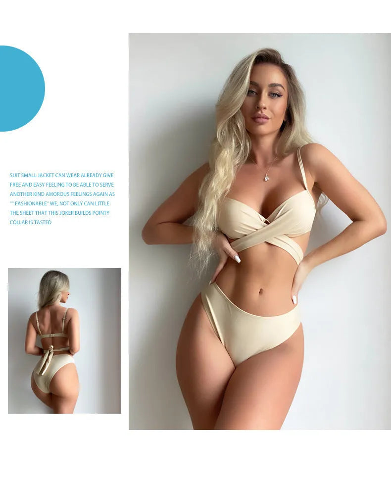 Three-piece backless push-up bikini set with matching skirt in solid colour