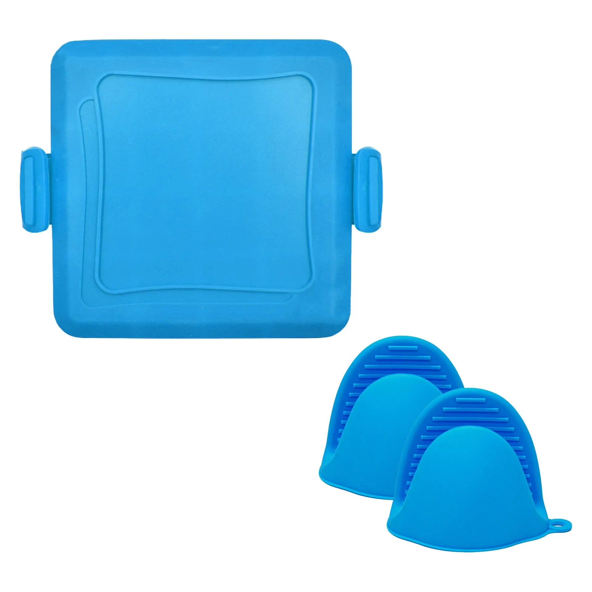 Red silicone baking tray and matching anti-scald gloves set on a kitchen counter.