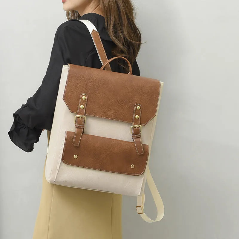 Korean style retro backpack in soft PU material showing ventilation features and burden reduction design