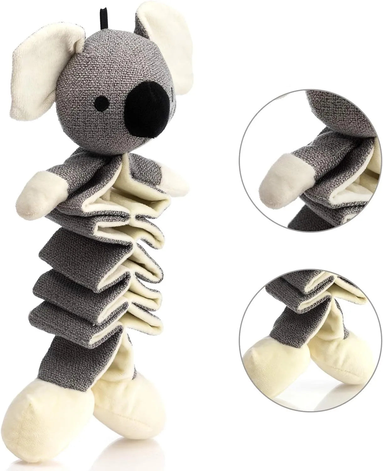 Grey koala plush dog toy with rope through body measuring 30cm long