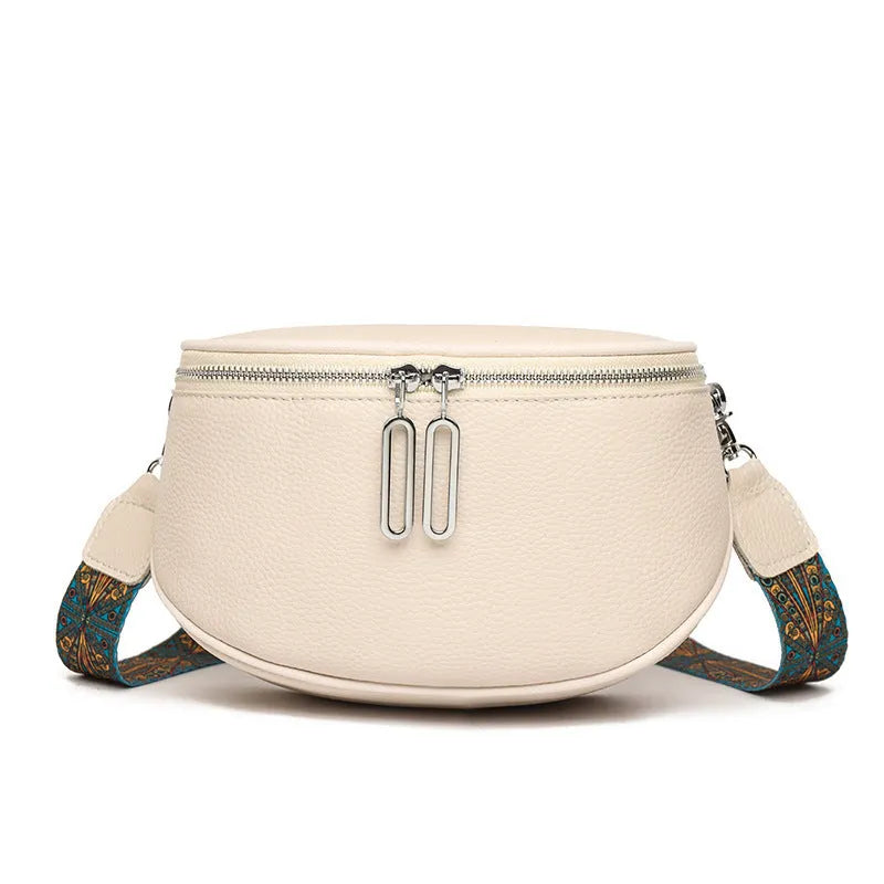 Women's black PU leather casual messenger bag with saddle shape and cross-body strap