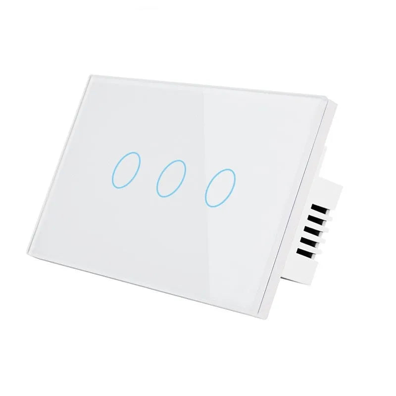 White two-gang RF touch light switch with tempered glass panel shown front on.