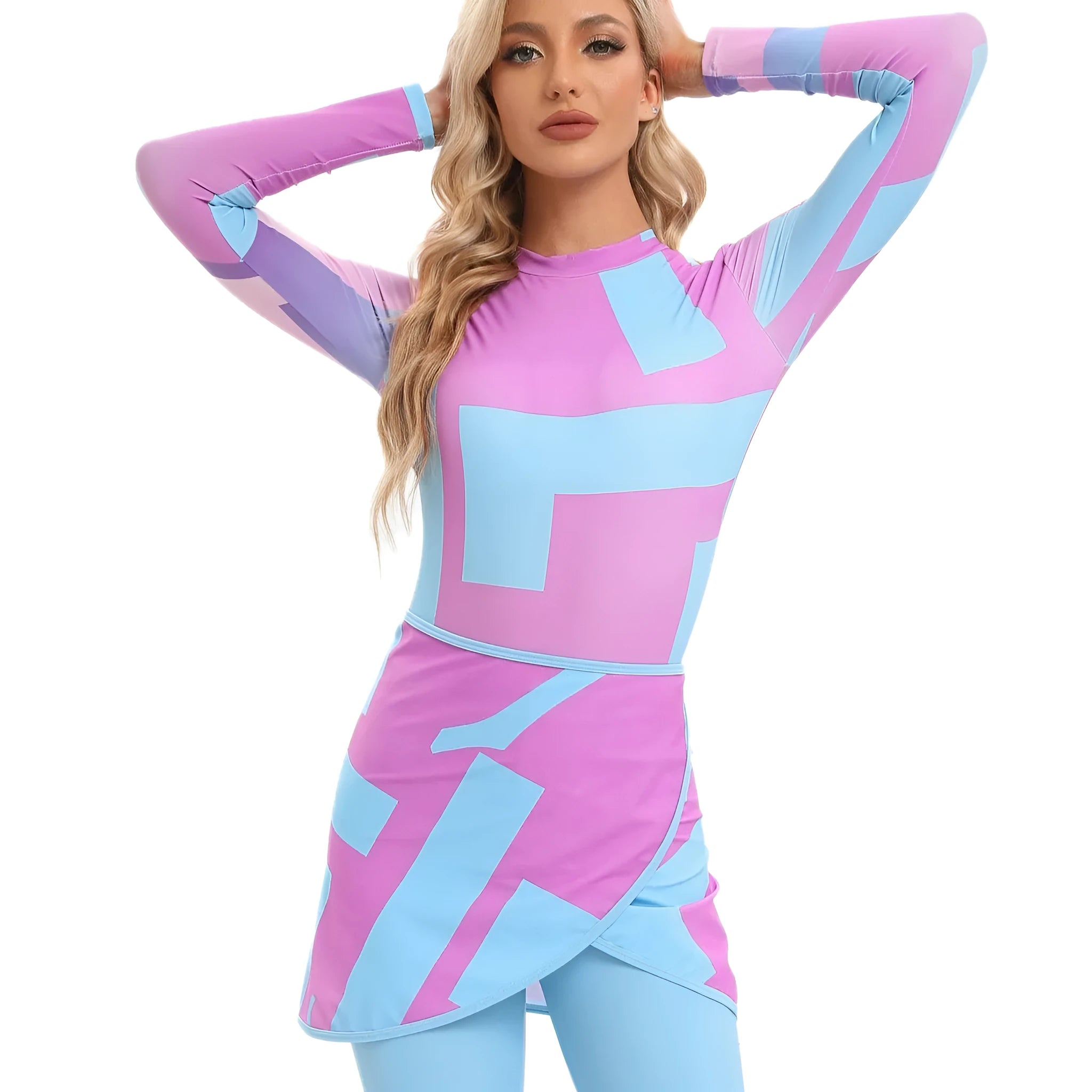 Conservative Muslim women's three-piece swimsuit set in blue, with a matching apron, on a mannequin.
