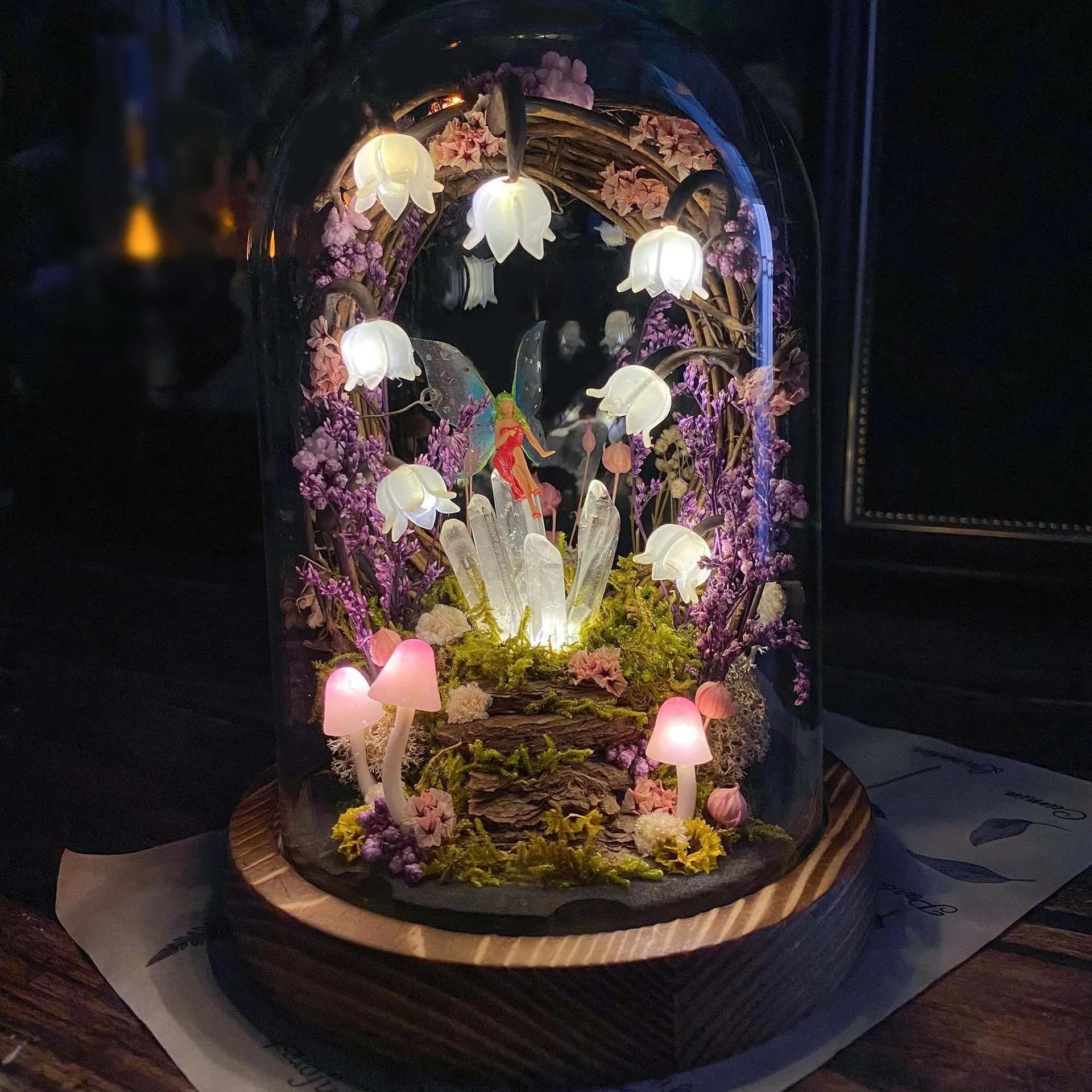 Handmade mushroom creative small night lamp with glass cover and fresh flowers in multicolor