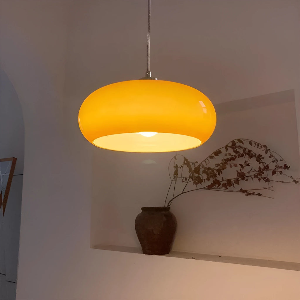 Bauhaus pendant light with three milk white egg tart glass shades for ceiling mounting