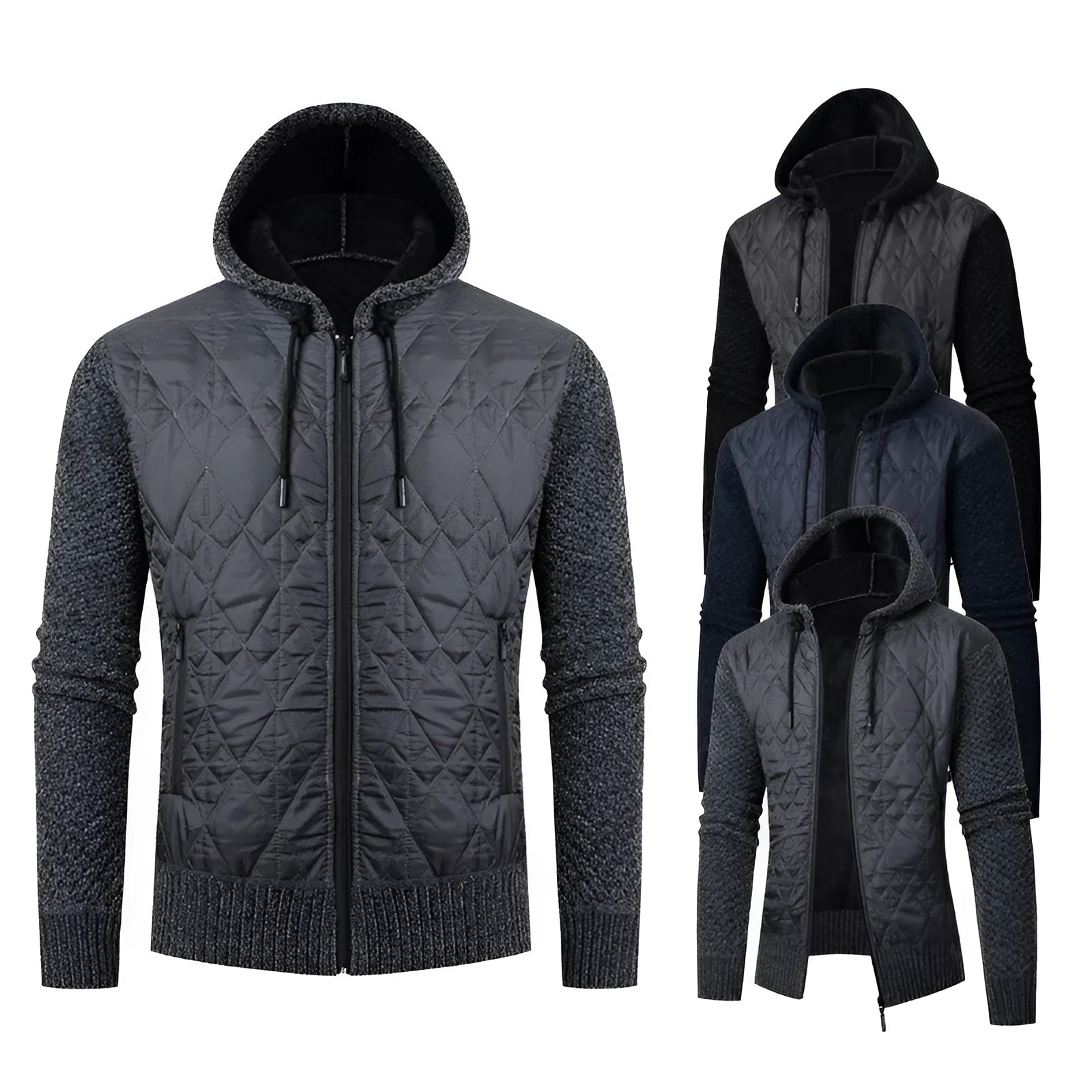 Men's grey hooded corduroy sweater coat with a cinched waist on a model.