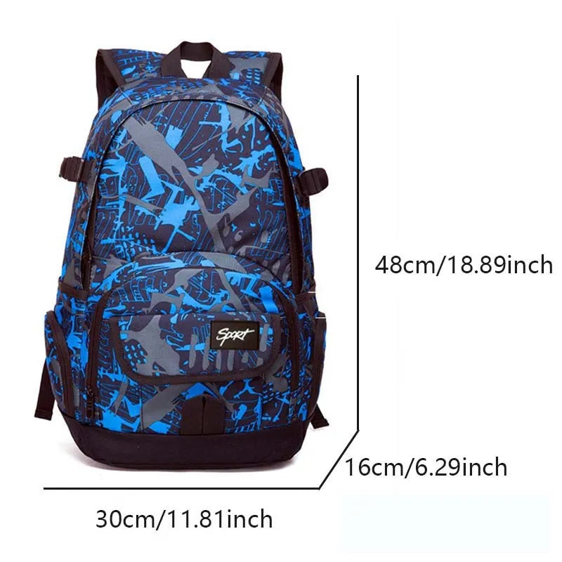 Blue and red classic nylon backpack with large main compartment and front pockets