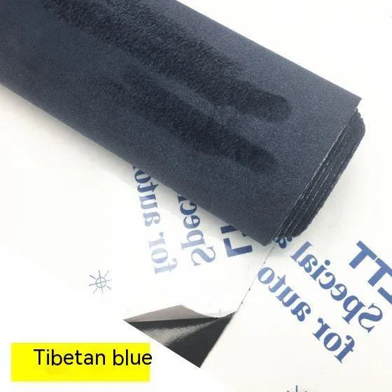 Self-adhesive suede fabric sheet in beige colour with adhesive backing visible, showing size options for interior decoration.