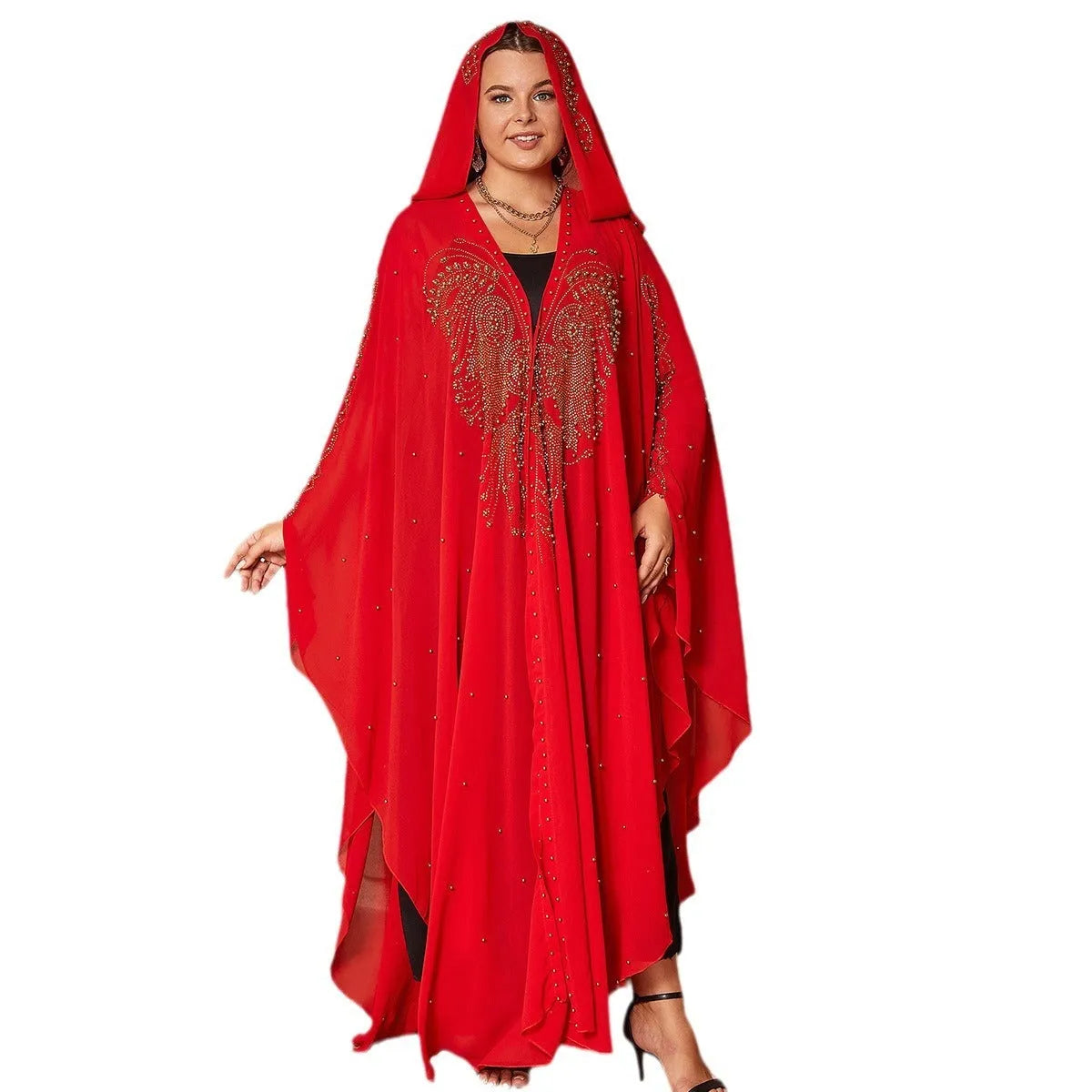 Purple chiffon cape shawl with rhinestone beading, shown draped, for women's modest wear