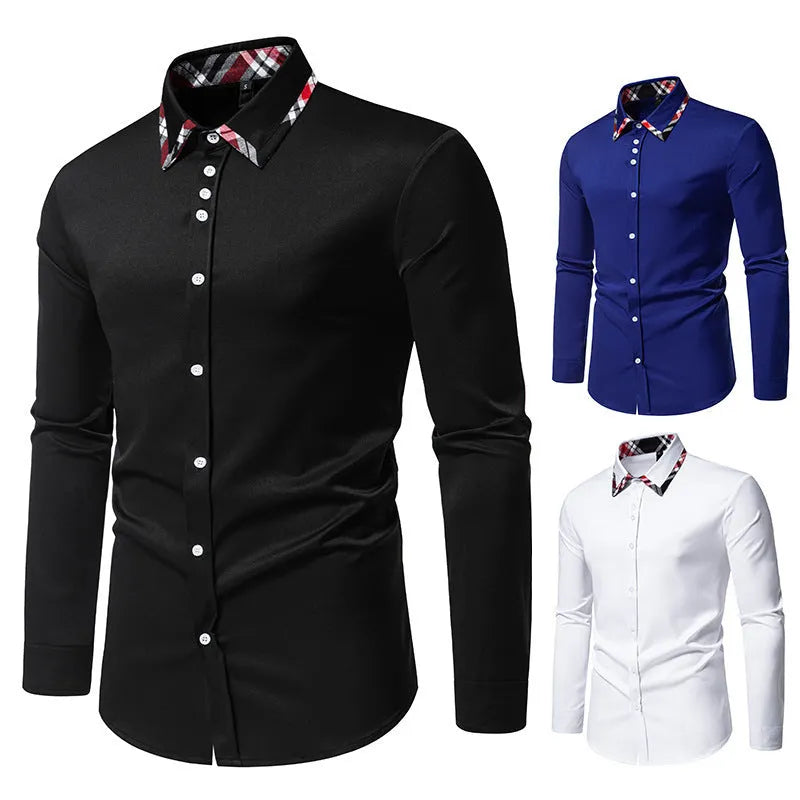 Men's casual blue plaid long sleeve shirt with a triangle collar, laid flat