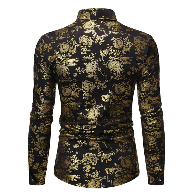 Men's metal bronzing printed lapel shirt in polyester fabric with digital printing detail