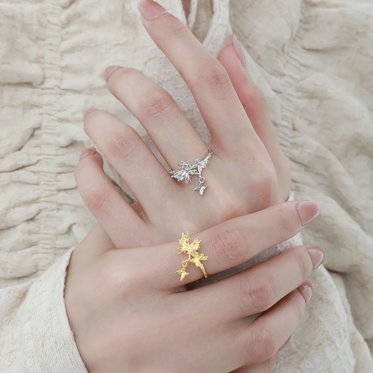 Silver butterfly ring earrings with adjustable opening in white gold or 18K gold colour options