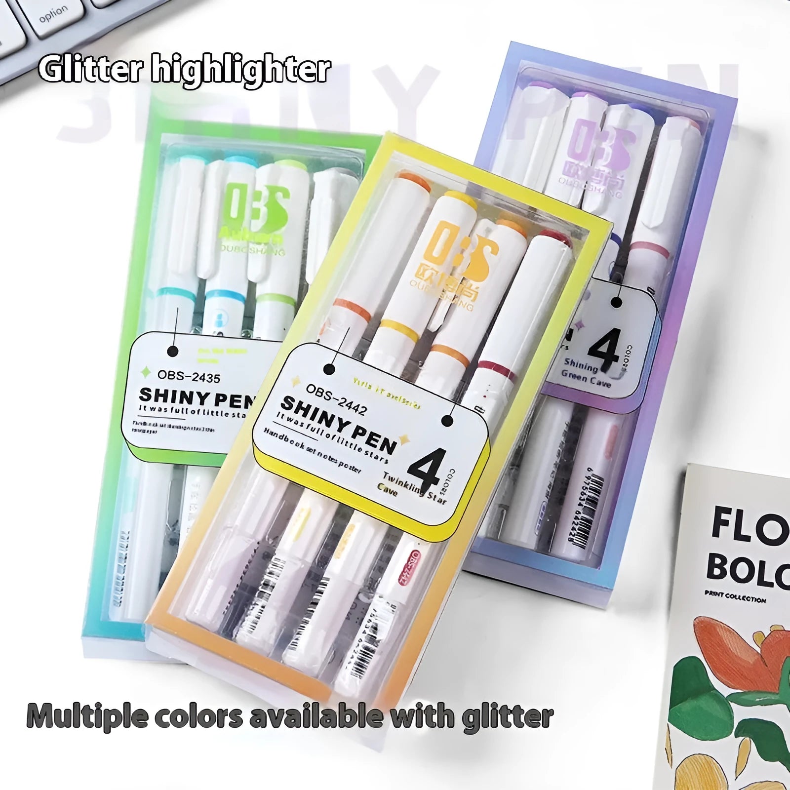 Set of four Sparkling Star River glitter highlighter pens in assorted pastel colours with slanted tips.