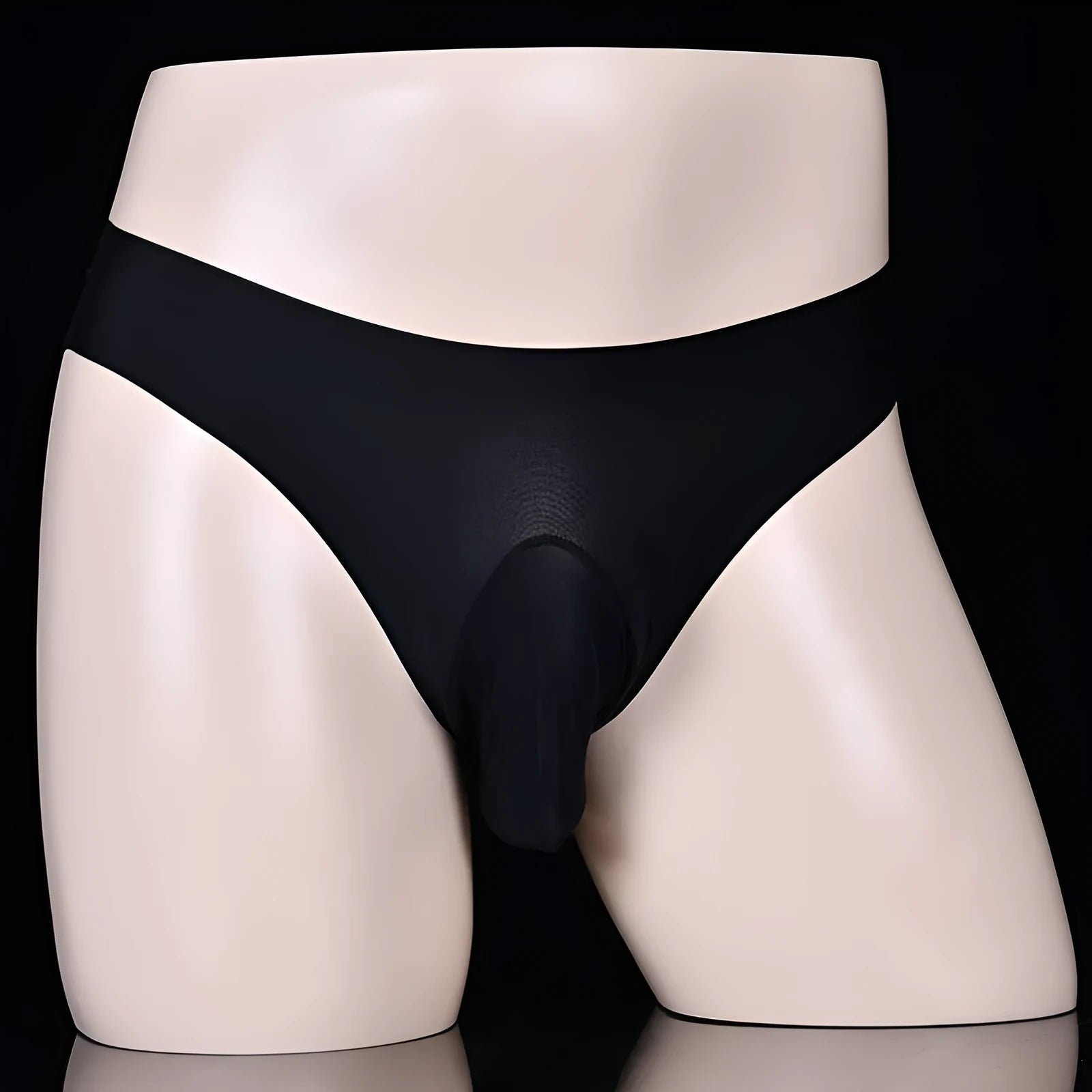 Men's black ice silk underwear briefs showing the ultra-thin fabric and low-waist T-back design