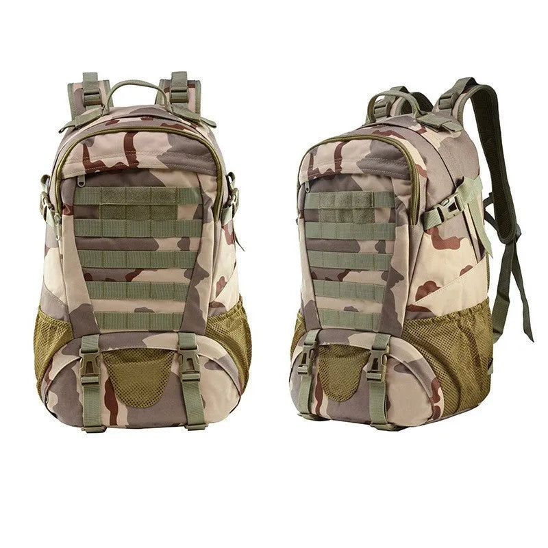 Outdoor mountaineering backpack in Oxford cloth with air pillow belt system shown in camouflage colour