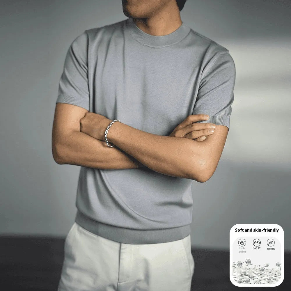 Men's knitted round neck T-shirt in chemical fibre blend with non-ironing treatment