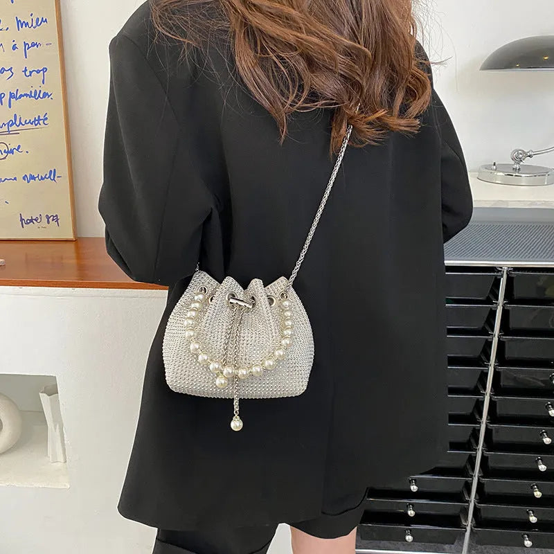 PU shoulder bag with diamond detailing and chain crossbody strap