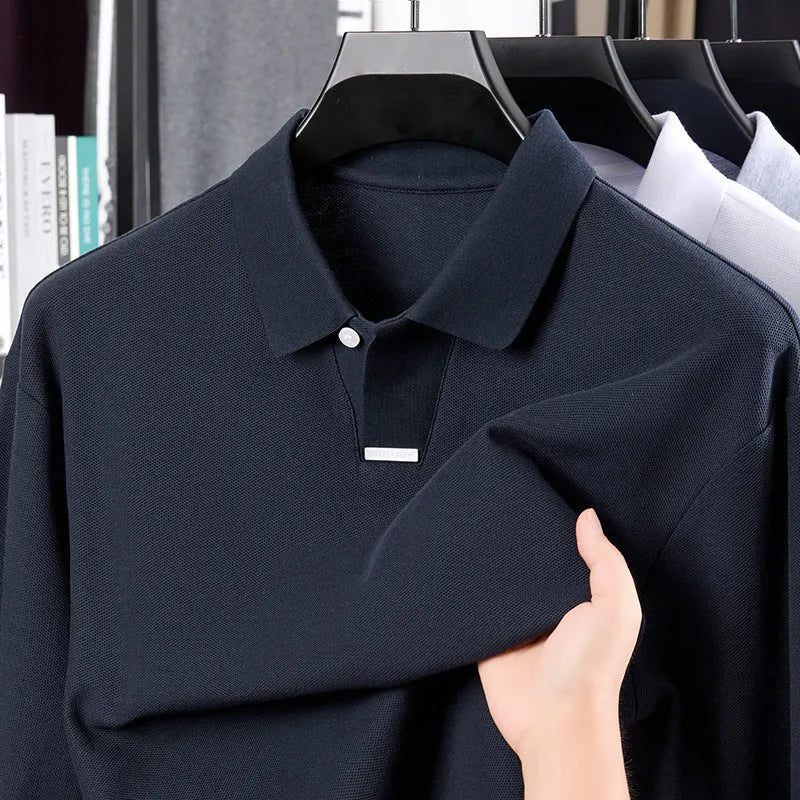 Men's loose fit cotton polo shirt with lapel collar and long sleeves in grey.