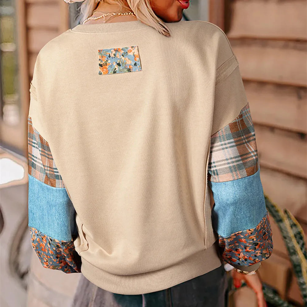 Women's plaid stitching long-sleeved top in apricot colour, loose casual style
