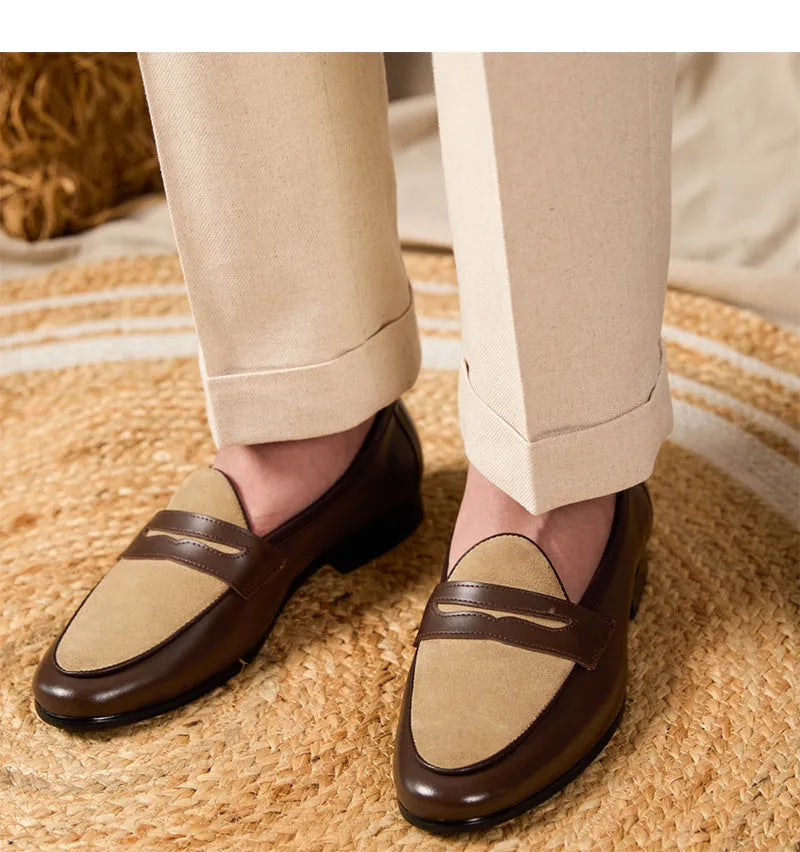 Coffee grey suede leather British-style loafers with one foot kick closure