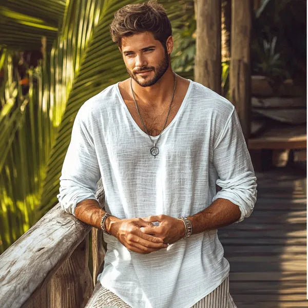 Beige V-neck long-sleeved t-shirt in slim fit pullover style